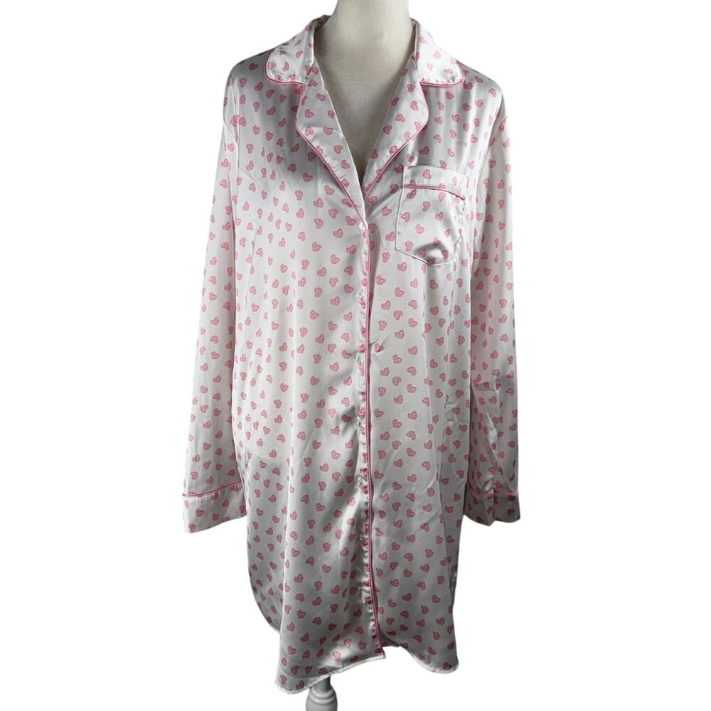 TABITHA WEBB Sleepwear  Silky White & Pink Heart Print Sleep Shirt Size …